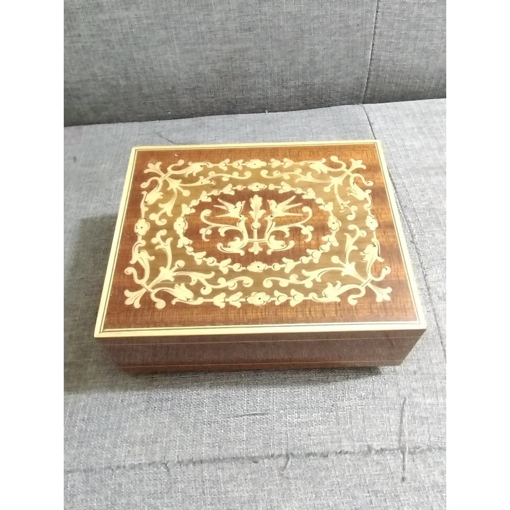 Vtg Wood Music Trinket Box Original Deichert Bird & Flower Lid Germany Swiss (6)